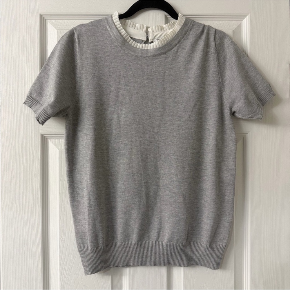 Vila Milano Light Gray Short Sleeve Knitted Crewneck Sweater Ruffle Neckline